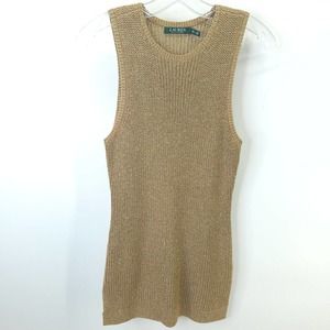 Ralph Lauren Womens Gold Sleeveless Crew Neck Knit Linen Sweater Dress Sz PS